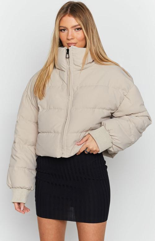 Katrina Oversize High Neck Cropped Puffer jacket - Beige