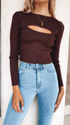 Sally Ribbed Cut Out Chest Knit Top- Chocolate