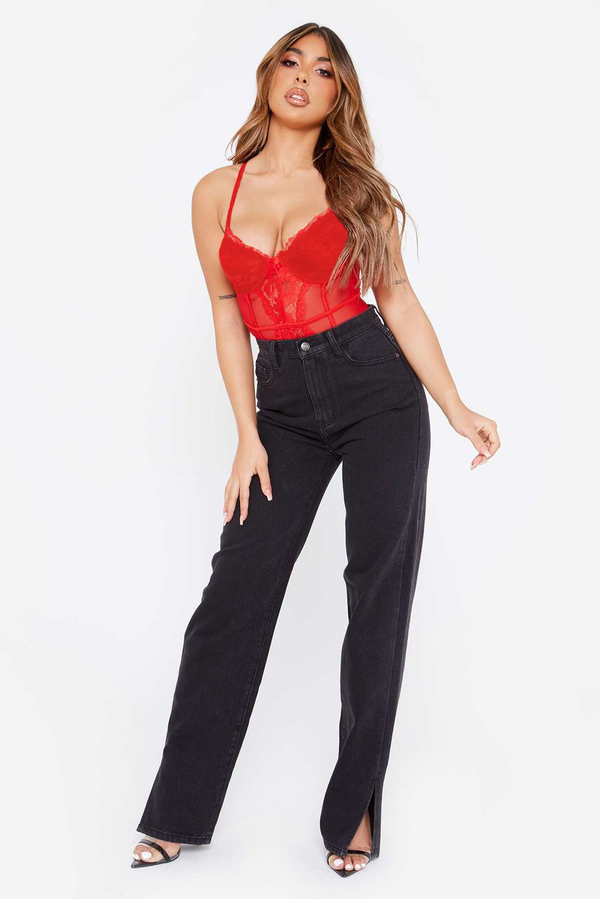 Kim Sexy Lace Bodysuit - Red