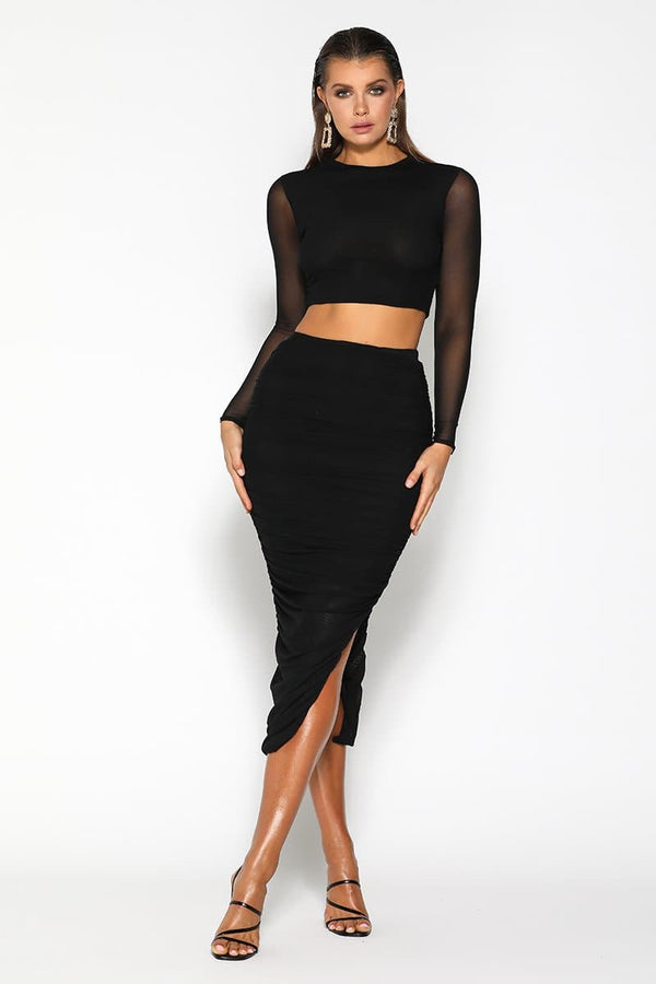 Mirah Mesh High Waisted Maxi Skirt - Black - suneiika