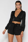 Belle V-Neck Satin Crop Top - Black - suneiika