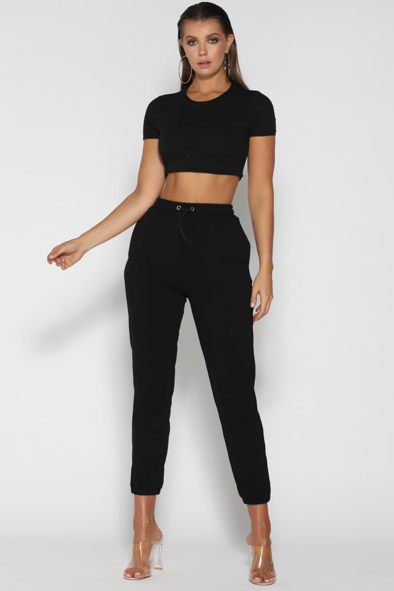 Yvonne Short Sleeve Ribbed Crop Top - Black - suneiika