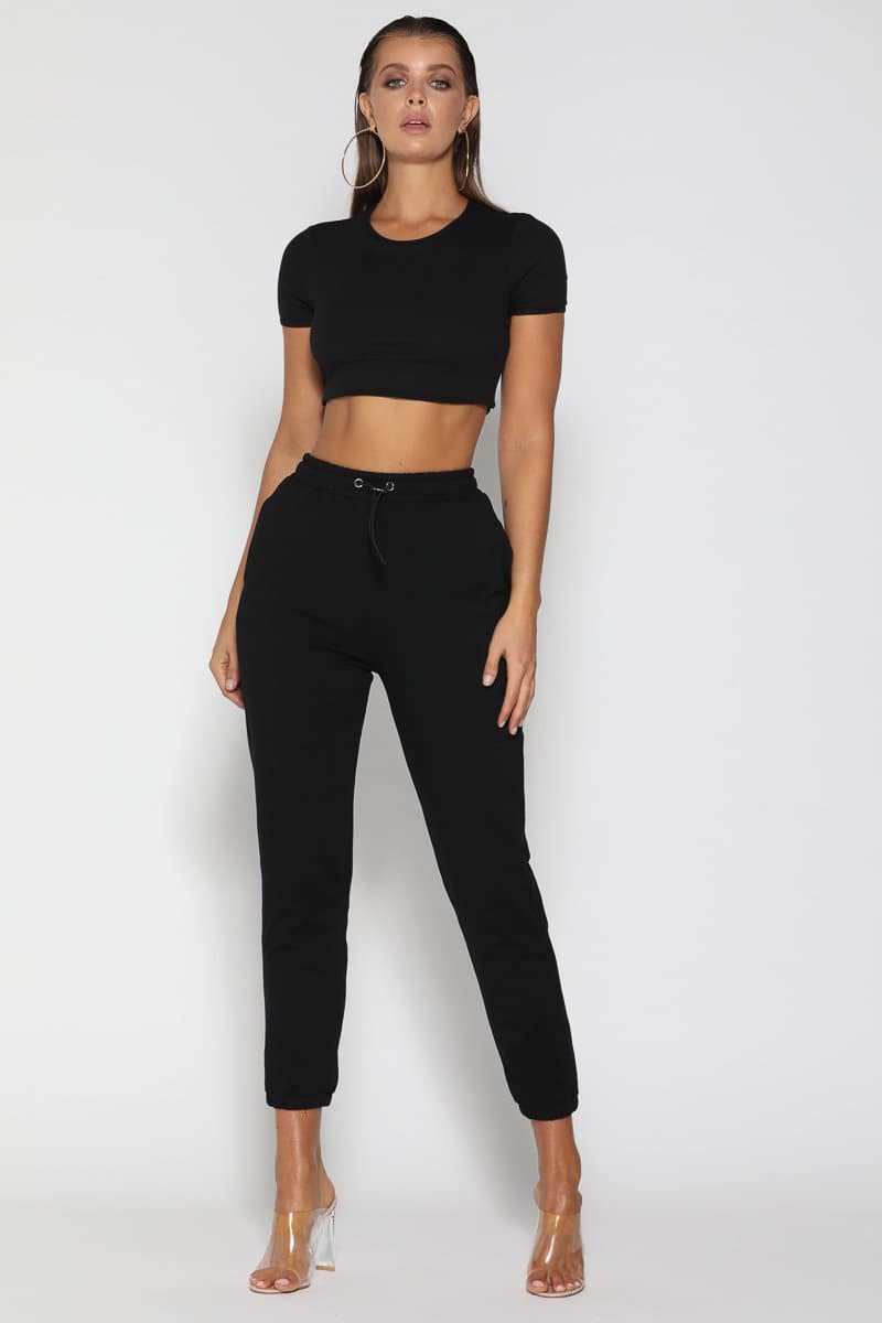 Yvonne Short Sleeve Ribbed Crop Top - Black - suneiika