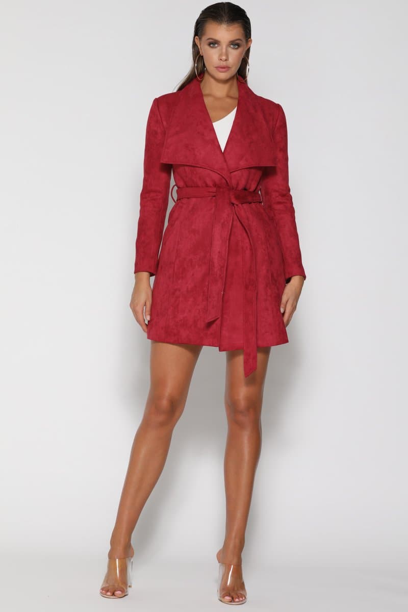 Stella Belted Suede Coat - Burgundy - suneiika