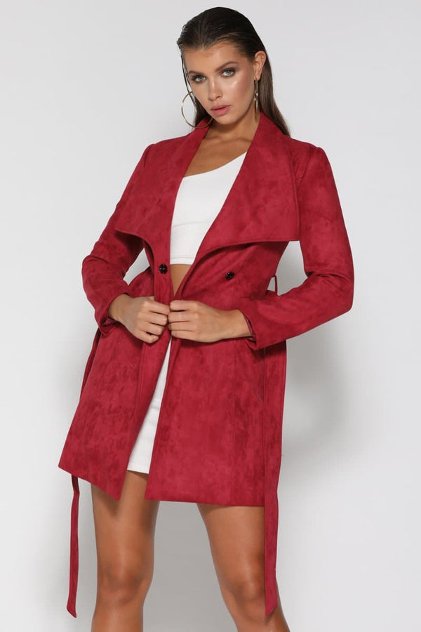 Stella Belted Suede Coat - Burgundy - suneiika