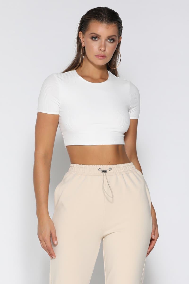 Yvonne Short Sleeve Ribbed Crop Top - White - suneiika