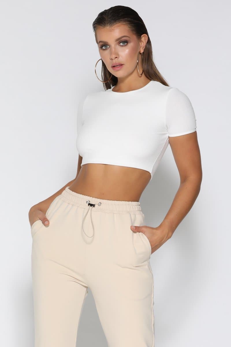 Yvonne Short Sleeve Ribbed Crop Top - White - suneiika