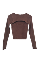 Sally Ribbed Cut Out Chest Knit Top- Chocolate