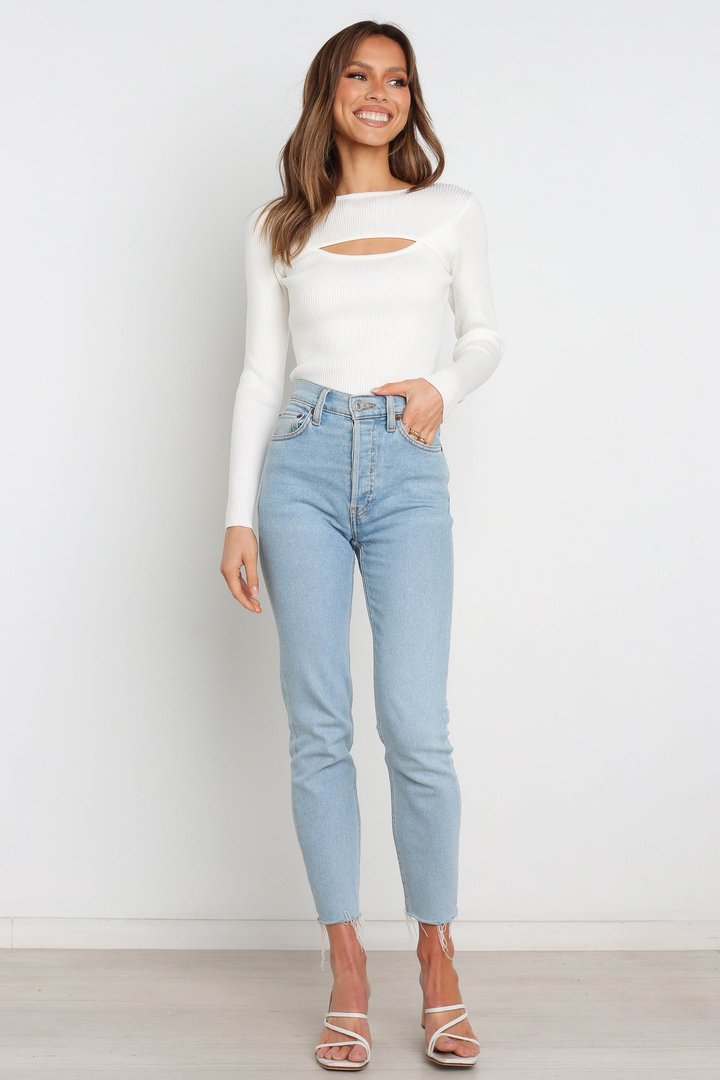 Sally Ribbed Cut Out Chest Knit Top- White