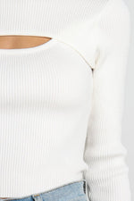 Sally Ribbed Cut Out Chest Knit Top- White