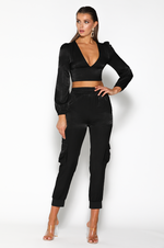 Belle V-Neck Satin Crop Top - Black